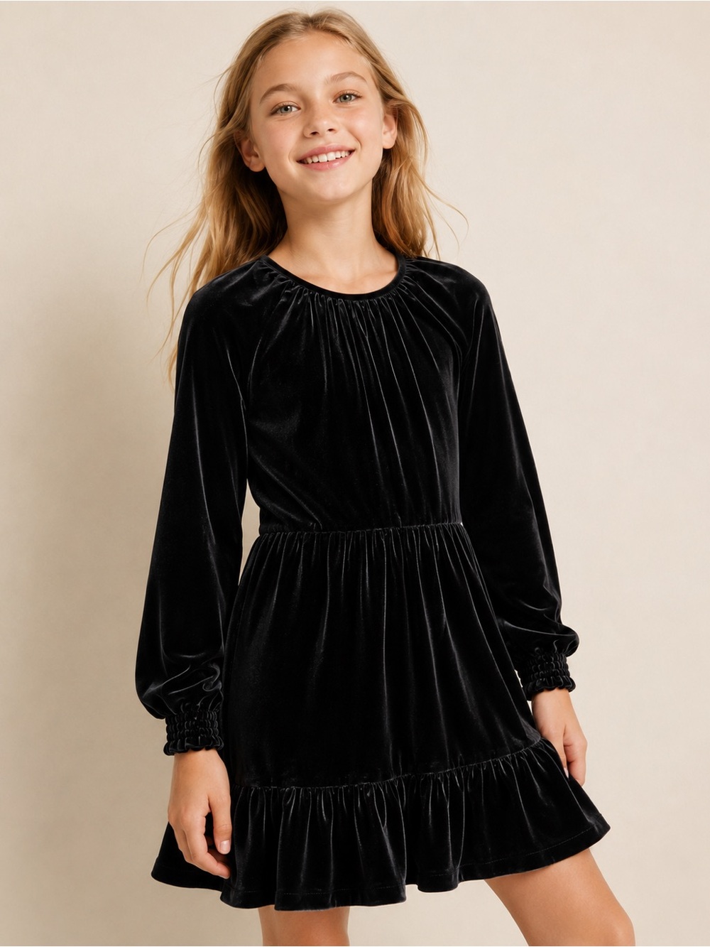 Crewcuts Black Velvet Tiered Dress Girls Medium Long Sleeve Holiday Party J.Crew